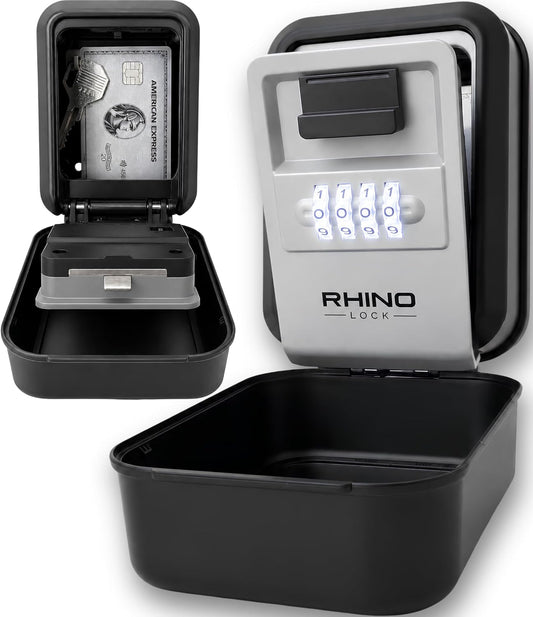 Grey Rhino Lock Glow illuminated key safe, SKU Rhino-0026, showing the lit four-digit dials and an open view of the interior on a white background.
