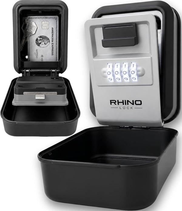 Grey Rhino Lock Glow illuminated key safe, SKU Rhino-0026, showing the lit four-digit dials and an open view of the interior on a white background.
