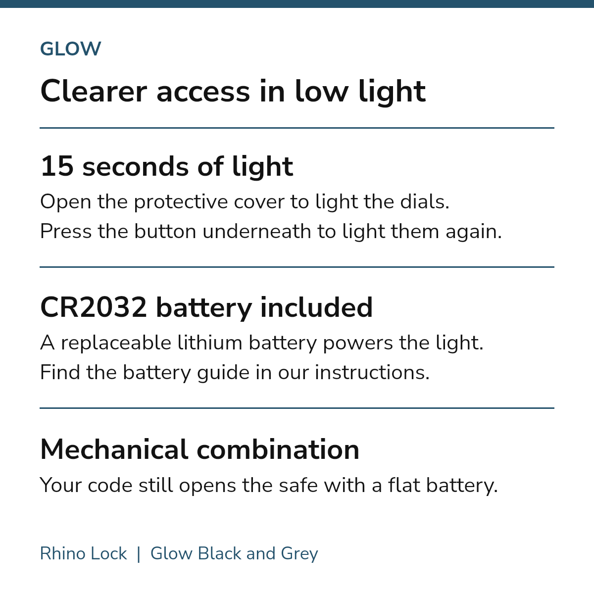 Rhino Lock Glow light and battery guide. Dials illuminate for 15 seconds when the protective cover opens; the button underneath reactivates the light. CR2032 lithium battery included. The mechanical combination works with a flat battery.