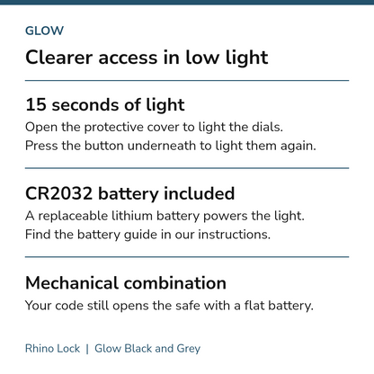 Rhino Lock Glow light and battery guide. Dials illuminate for 15 seconds when the protective cover opens; the button underneath reactivates the light. CR2032 lithium battery included. The mechanical combination works with a flat battery.