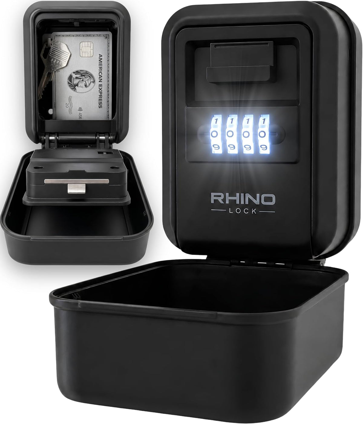Black Rhino Lock Glow illuminated key safe, SKU Rhino-0025, showing the lit four-digit dials and an open view of the interior on a white background.
