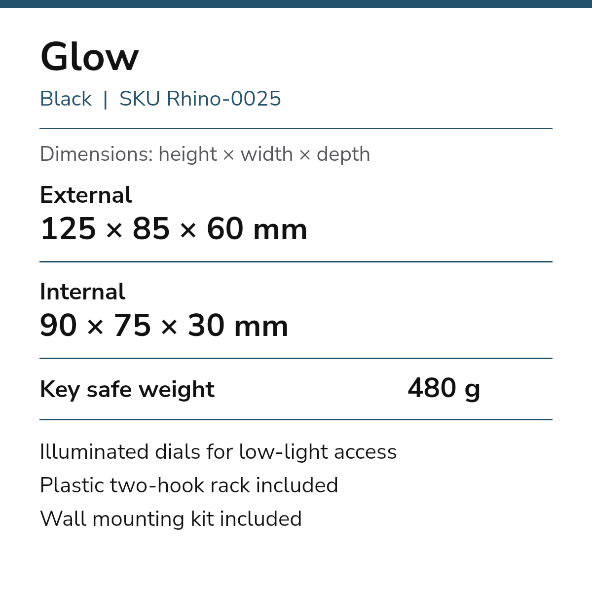 Glow Black, SKU Rhino-0025. Dimensions height × width × depth: external 125 × 85 × 60 mm; internal 90 × 75 × 30 mm. Key safe weight 480 g. Illuminated dials, plastic two-hook rack and wall mounting kit included.