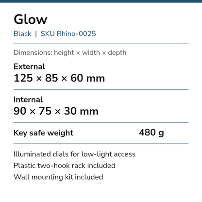 Glow Black, SKU Rhino-0025. Dimensions height × width × depth: external 125 × 85 × 60 mm; internal 90 × 75 × 30 mm. Key safe weight 480 g. Illuminated dials, plastic two-hook rack and wall mounting kit included.