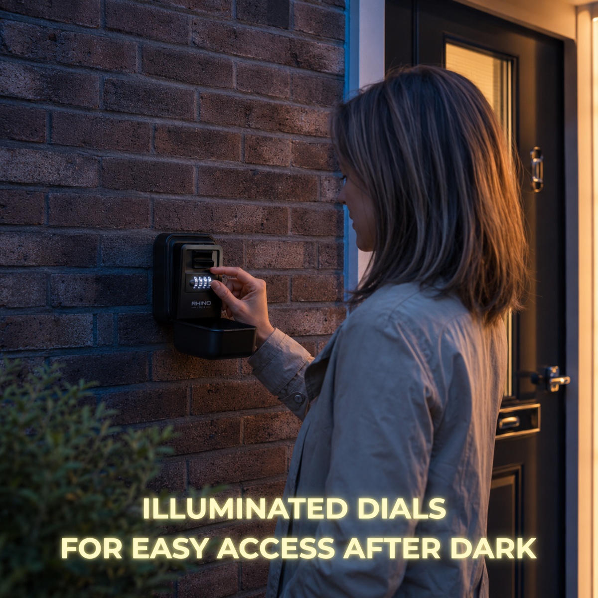 Black Rhino Lock Glow, SKU Rhino-0025, illustrated in use beside a front door after dark, with the combination dials illuminated.
