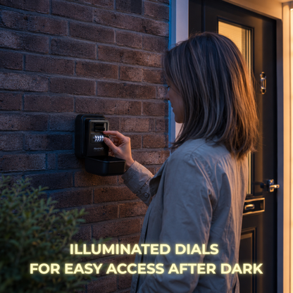 Black Rhino Lock Glow, SKU Rhino-0025, illustrated in use beside a front door after dark, with the combination dials illuminated.